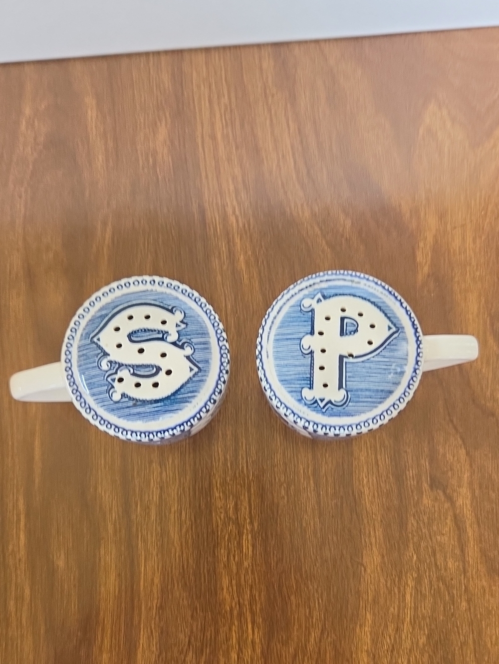 Blue and White Monogram S & P Ceramic Salt and Pepper Shakers